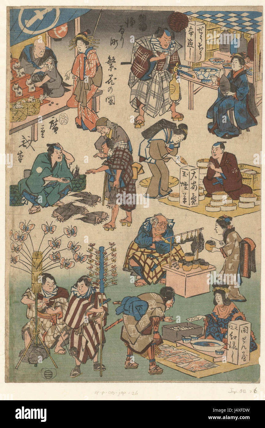 Questa immagine raffigura sette bancarelle presso il mercato serale di Joruri Street, come si vede in un pezzo della collezione del Rijksmuseum. La scena del mercato illustra il tradizionale commercio di strada giapponese durante il periodo Edo. Foto Stock