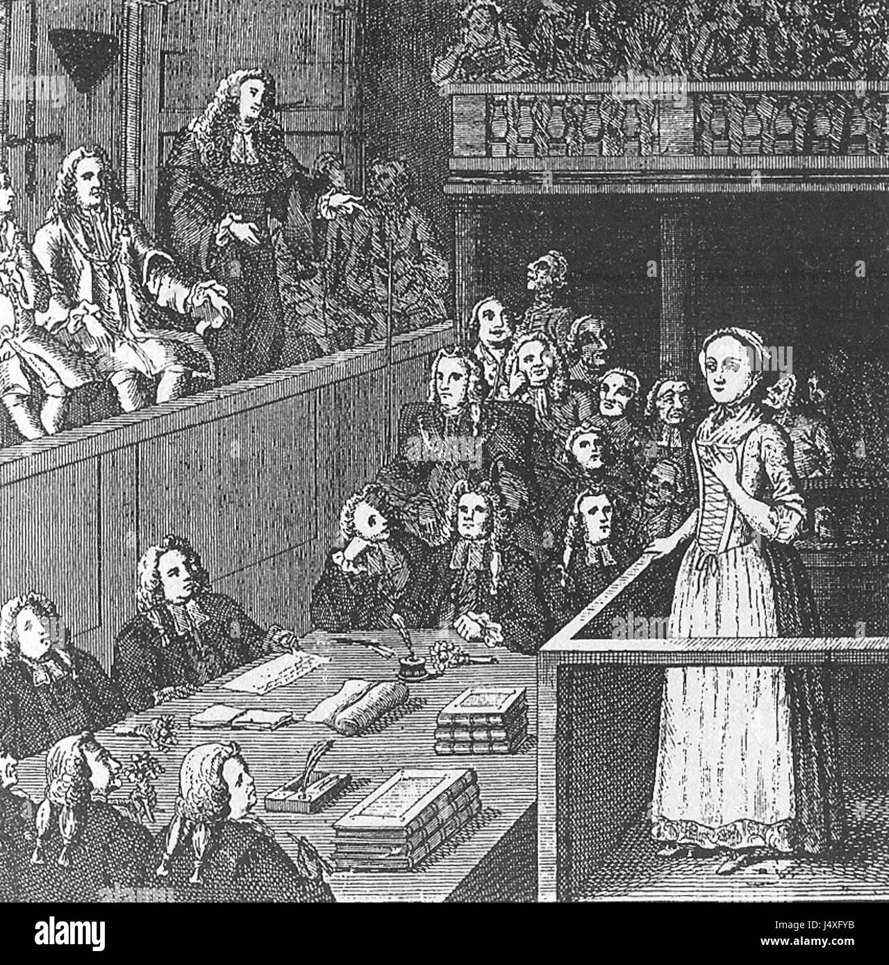 Il processo a Elizabeth Canning nel 1753 fu un evento significativo nella storia legale inglese. Canning, una giovane donna, sostenne di essere stata rapita, ma la sua storia fu accolta con scetticismo. Il processo sollevò interrogativi sul sistema giudiziario e sul trattamento delle donne nell'Inghilterra del XVIII secolo. Foto Stock