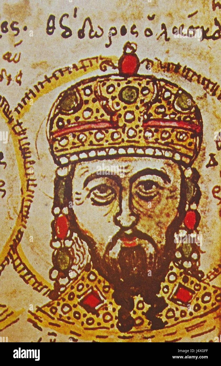 Un ritratto in miniatura di Teodoro i Laskaris, un imperatore bizantino, riconosciuto per il suo ruolo nella difesa dell'Impero bizantino durante i suoi primi anni. Questa opera d'arte mette in risalto il significato dell'imperatore nella storia medievale. Foto Stock