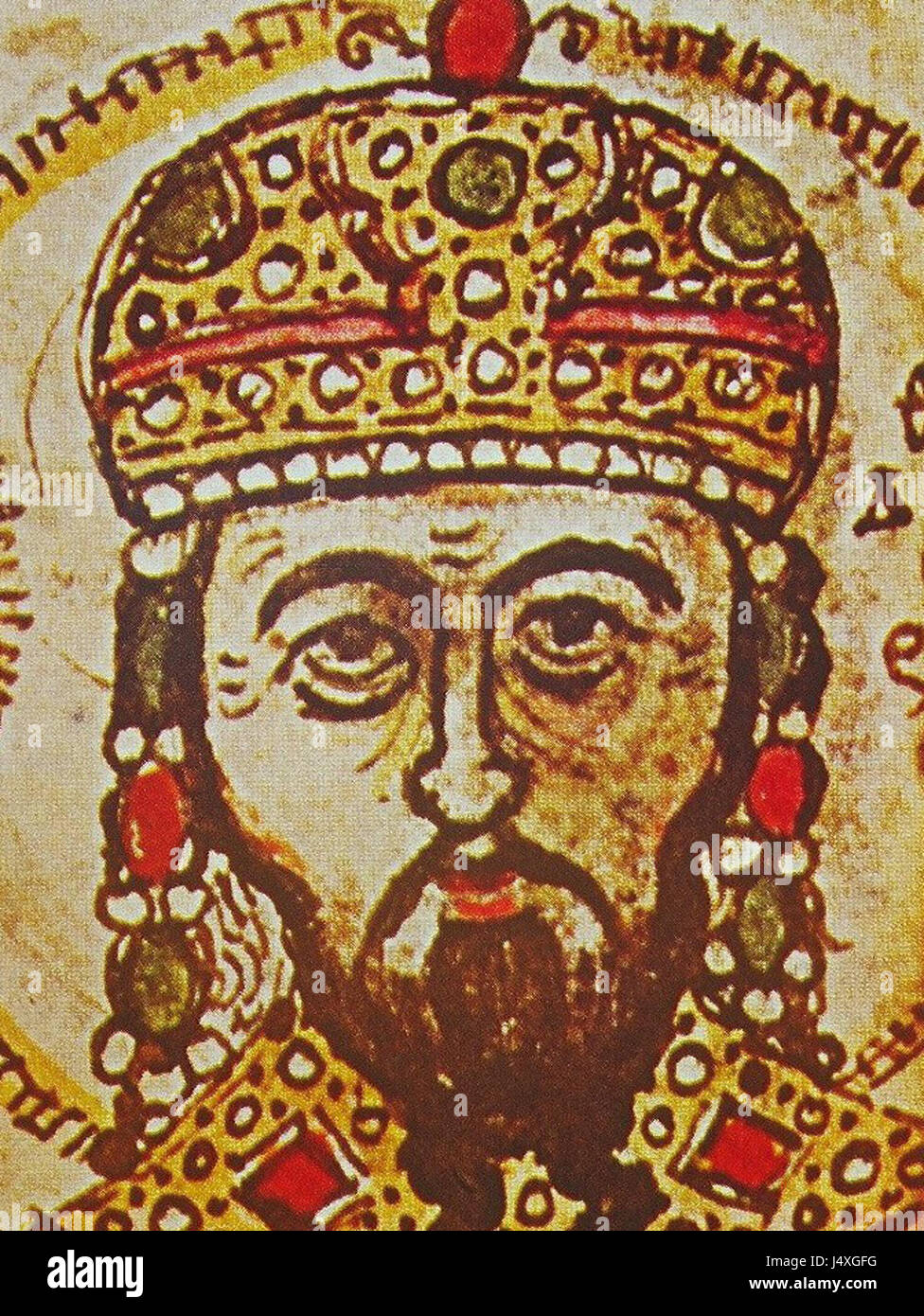Teodoro i Laskaris era un imperatore bizantino, e questo ritratto in miniatura lo raffigura in modo stilizzato. La versione ritagliata si concentra sulle sue caratteristiche facciali, che riflettono il suo ruolo imperiale nell'Impero bizantino. Foto Stock