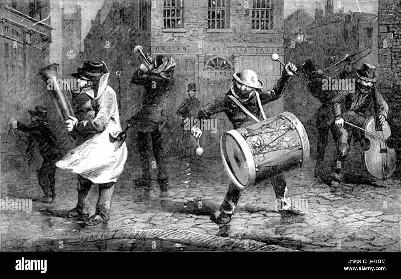 Questo lavoro si riferisce probabilmente a una raccolta di immagini o scritti relativi alle attese, o guardiani notturni, dal Illustrated London News (ILN). Le "Waits" erano musicisti pubblici nel XVIII e XIX secolo in Gran Bretagna che si esibivano durante la notte. Foto Stock