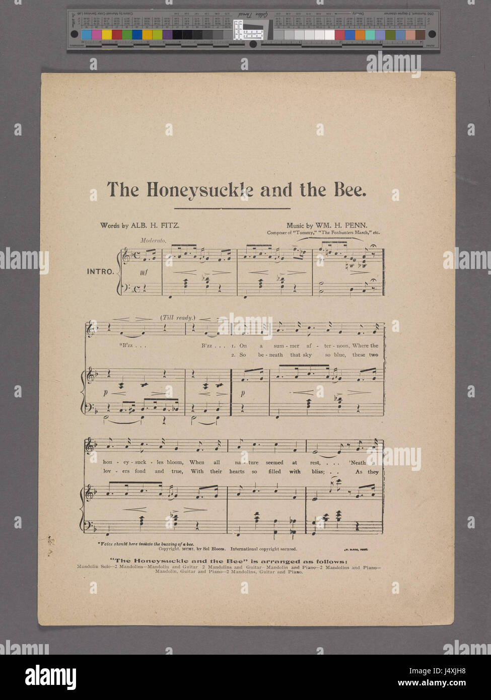 Questa immagine si riferisce a un'illustrazione botanica intitolata "The Honeysuckle and the Bee", trovata nella collezione della New York Public Library. Raffigura una pianta di caprifoglio con un'ape, concentrandosi sul rapporto tra il fiore e l'impollinatore, mostrando il processo naturale di impollinazione. Foto Stock