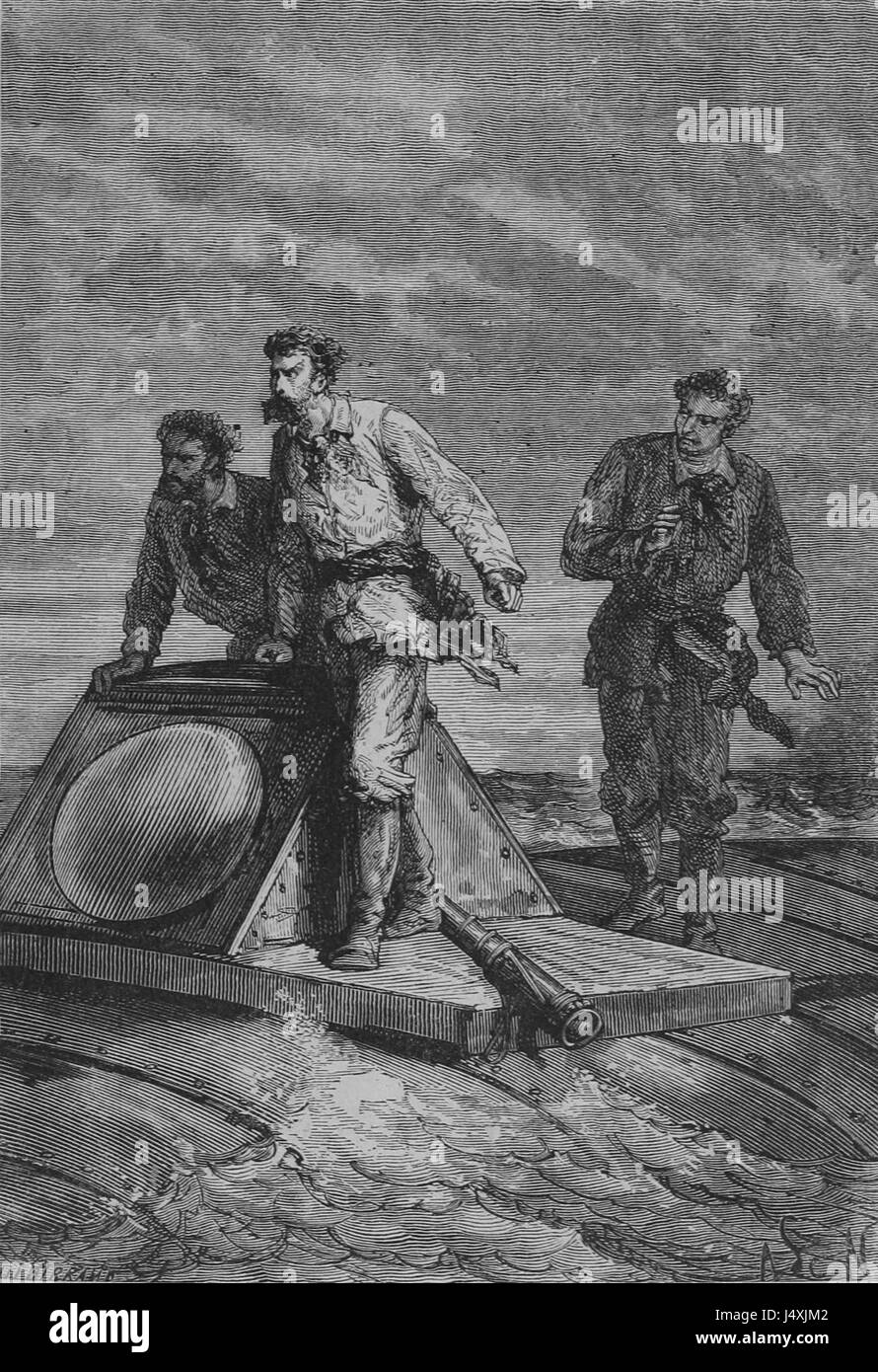 Un'illustrazione dell'edizione francese originale di "Vingt mille Lieues Sous Les Mers" di Jules Verne, raffigurante il sottomarino del capitano Nemo, il Nautilus, sotto la superficie dell'oceano. Foto Stock