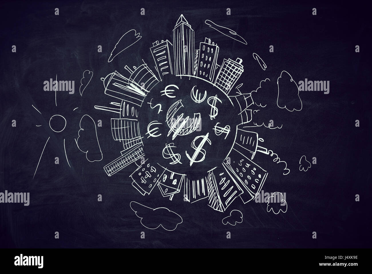 Icona del dollaro come concetto di ricchezza nel centro della città disegnata ot concetto di viaggio Foto Stock