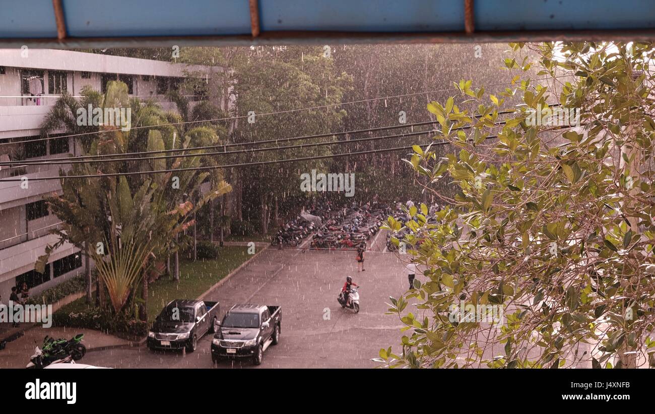 Acquazzone tropicale in corso nel Apartment House Parcheggio Pattaya Thailandia Foto Stock