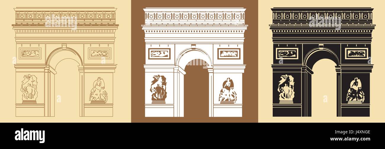 Set di colorati Arco Trionfale (contorno, colorato in nero) illustrazioni vettoriali su sfondo beige Illustrazione Vettoriale