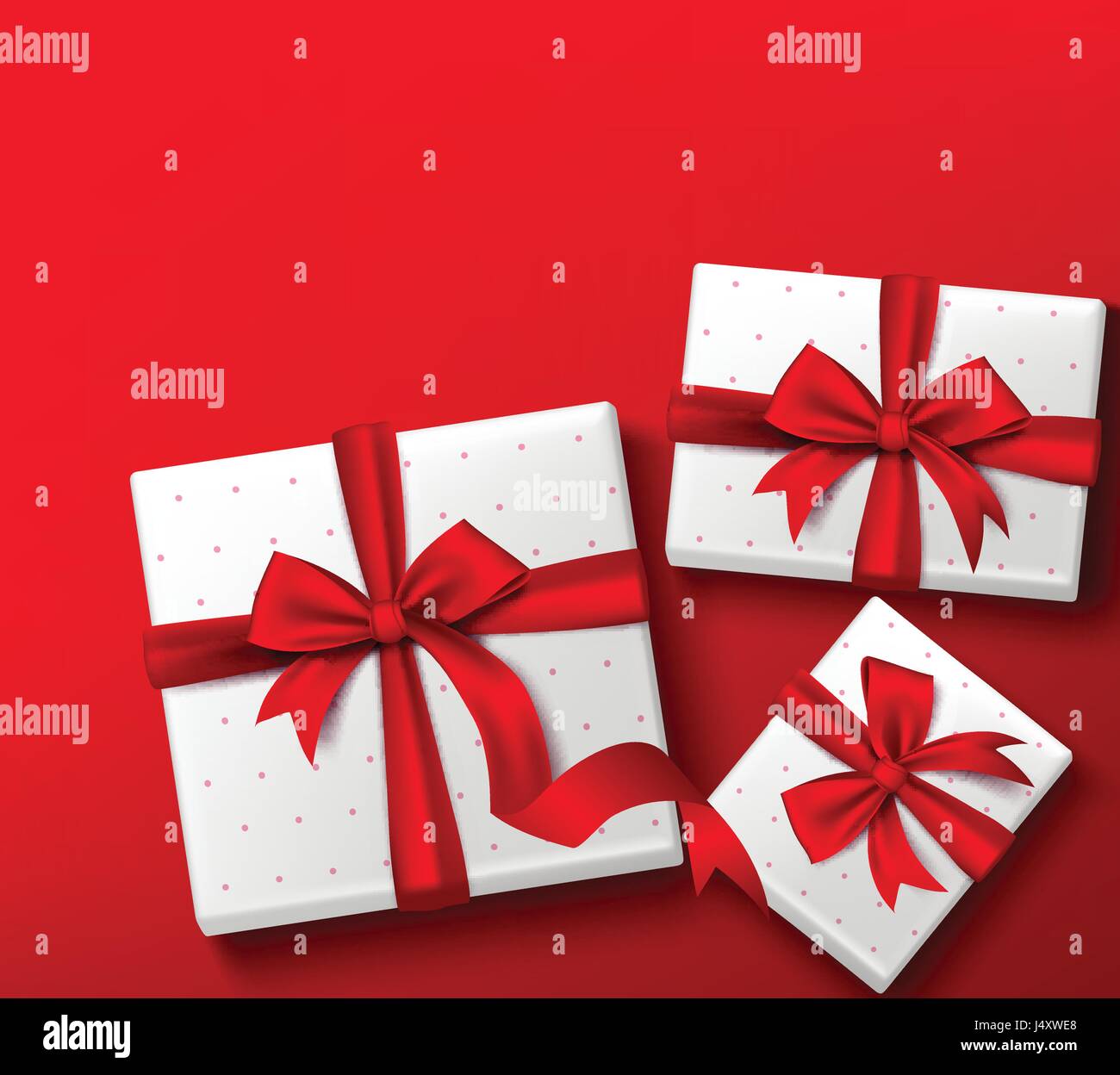 Colorata confezione regalo rossa con disegno vettoriale e nastro di raso e archetto per il giorno di San Valentino, celebrazione di compleanno, Natale, festa e anniversario. Illustrazione Vettoriale