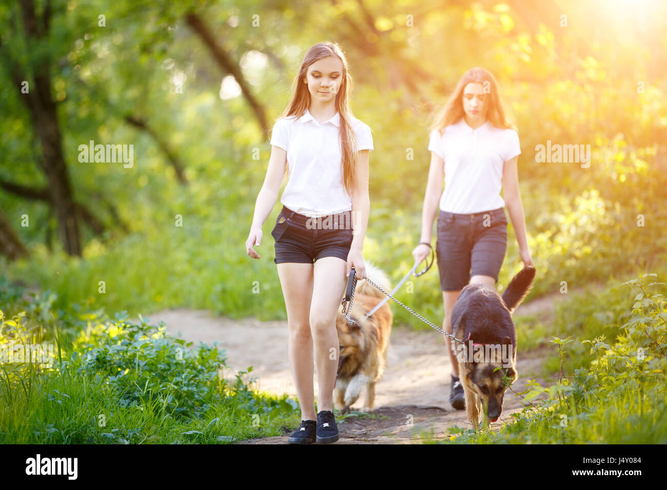 Sorridente due ragazze adolescenti a piedi con i suoi cani nella primavera del parco. Il concetto di amicizia sullo sfondo Foto Stock