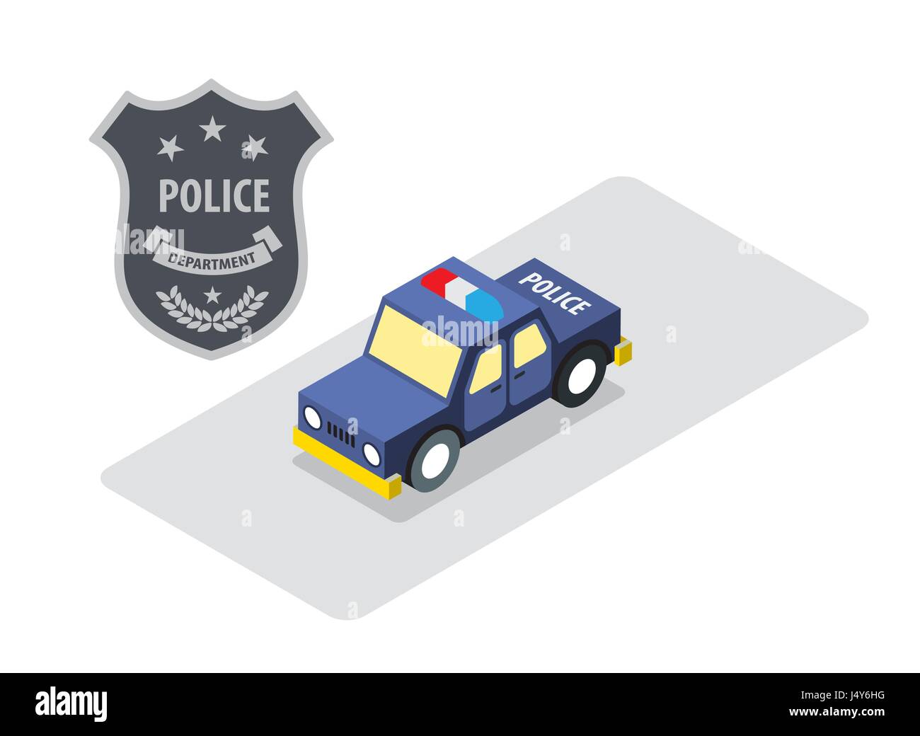Badge di polizia con auto della polizia in vista assonometrica la protezione concetto illustrazione vettoriale. Illustrazione Vettoriale