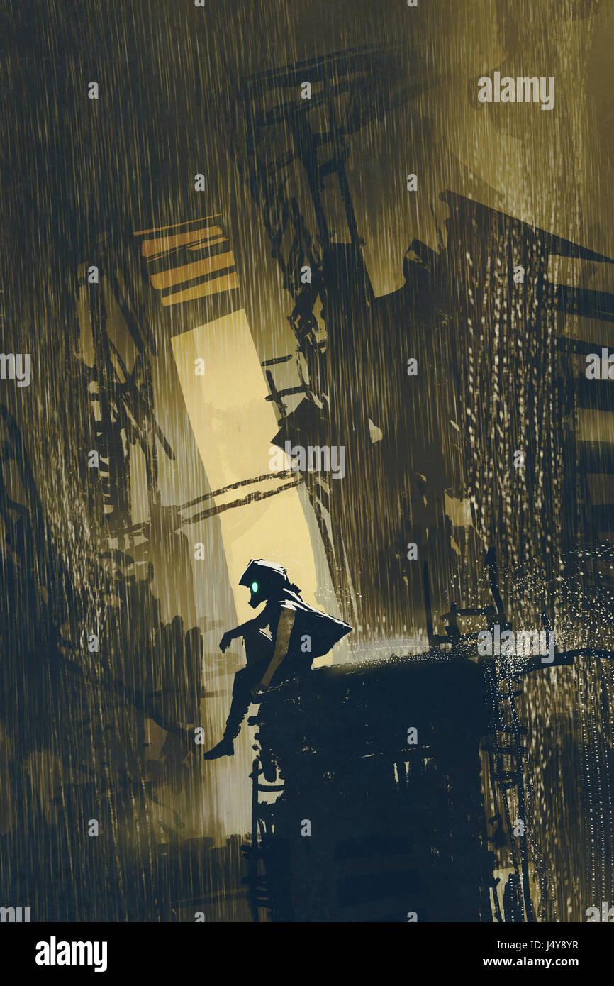 Post-apocalypse concetto di superstite seduto su un edificio distrutto in una città in rovina con arte digitale stile, illustrazione pittura Foto Stock