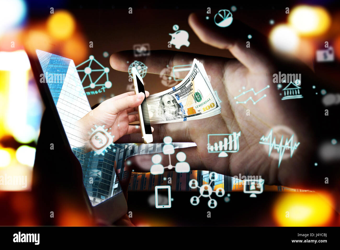 Fintech finanziaria Investimento concetto tecnologico. P2P il pagamento Concetto di immagine.Startup e la folla concetto di finanziamento.rete sociale con P2P prestiti. Smart ph Foto Stock