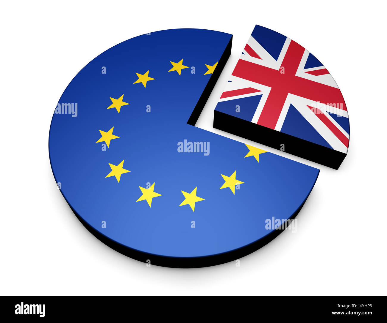 La Gran Bretagna Brexit separazione dalla Unione Europea concetto con UK e UE bandiere su un grafico a torta 3d'illustrazione. Foto Stock