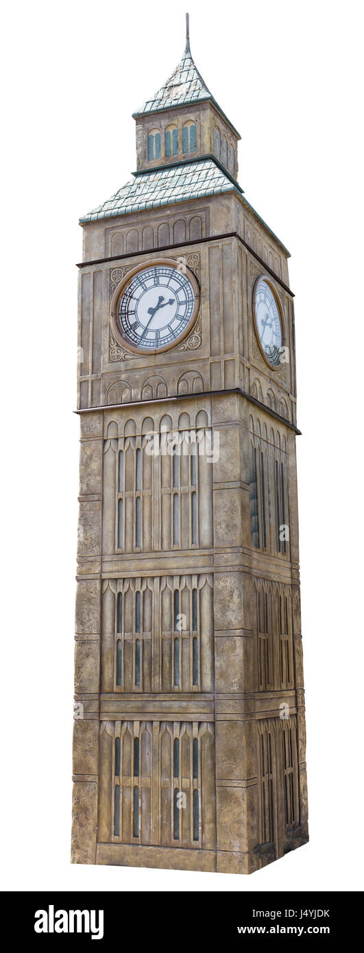 Orologio in legno torre bianca su sfondo isolato Foto Stock