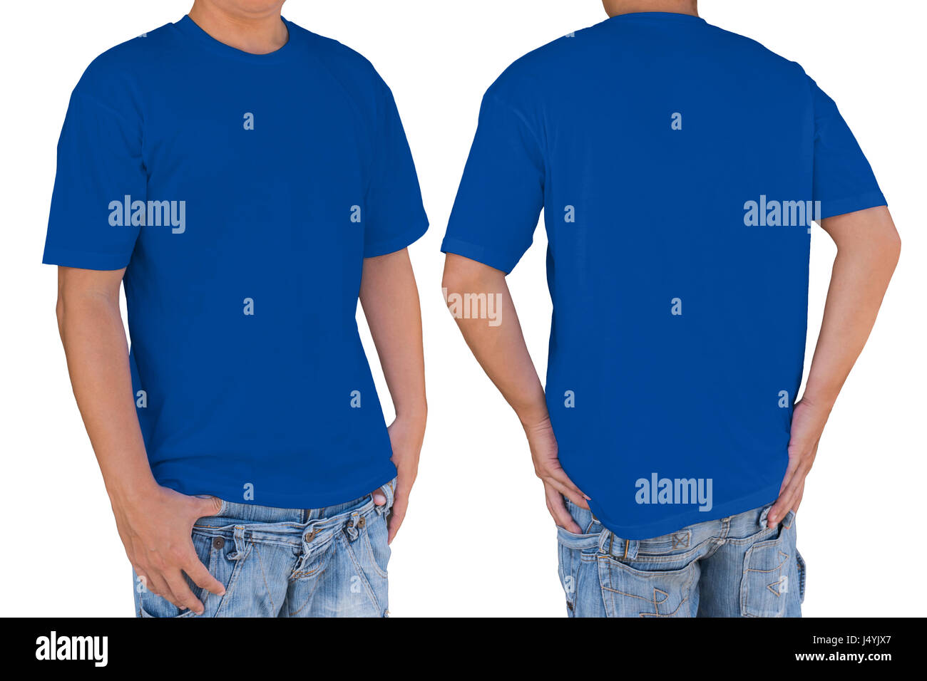 Uomo che indossa in bianco blu scuro t-shirt con percorso di clipping, vista anteriore e posteriore. Modello per inserire il logo, disegno, o di opere d'arte. Foto Stock