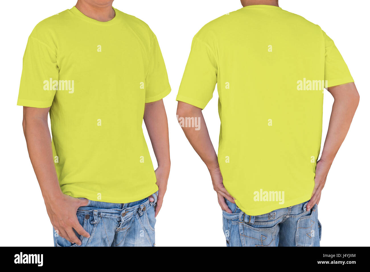 Uomo che indossa in bianco giallo morbido t-shirt con percorso di clipping, vista anteriore e posteriore. Modello per inserire il logo, disegno, o di opere d'arte. Foto Stock