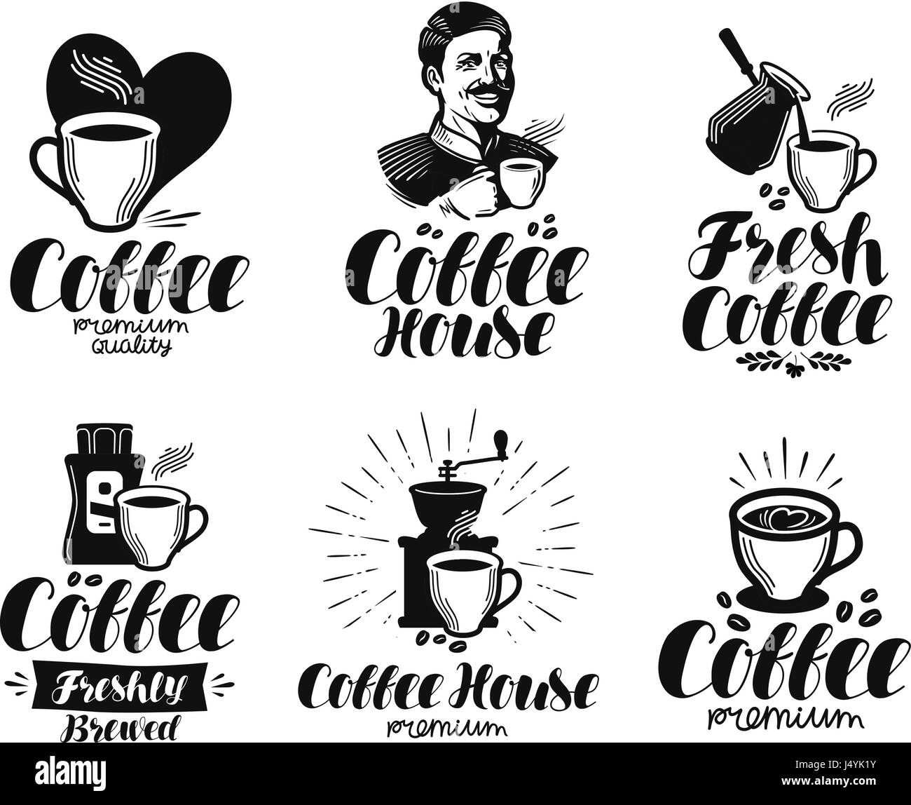 Caffè espresso, set di etichette. Cafe, coffeehouse, Caff, bevanda calda di simbolo o logo. Lettering illustrazione vettoriale Illustrazione Vettoriale