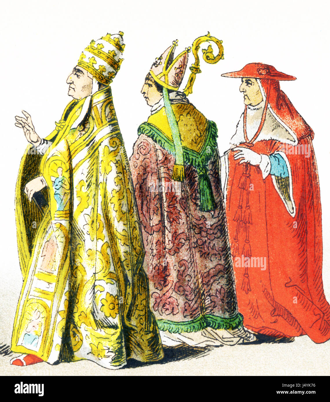 Le figure raffigurate qui rappresentare gli italiani attorno al 1500 D.C. Essi sono da sinistra a destra: il papa Alessandro VI, vescovo, Cardinale. L'illustrazione risale al 1882. Foto Stock