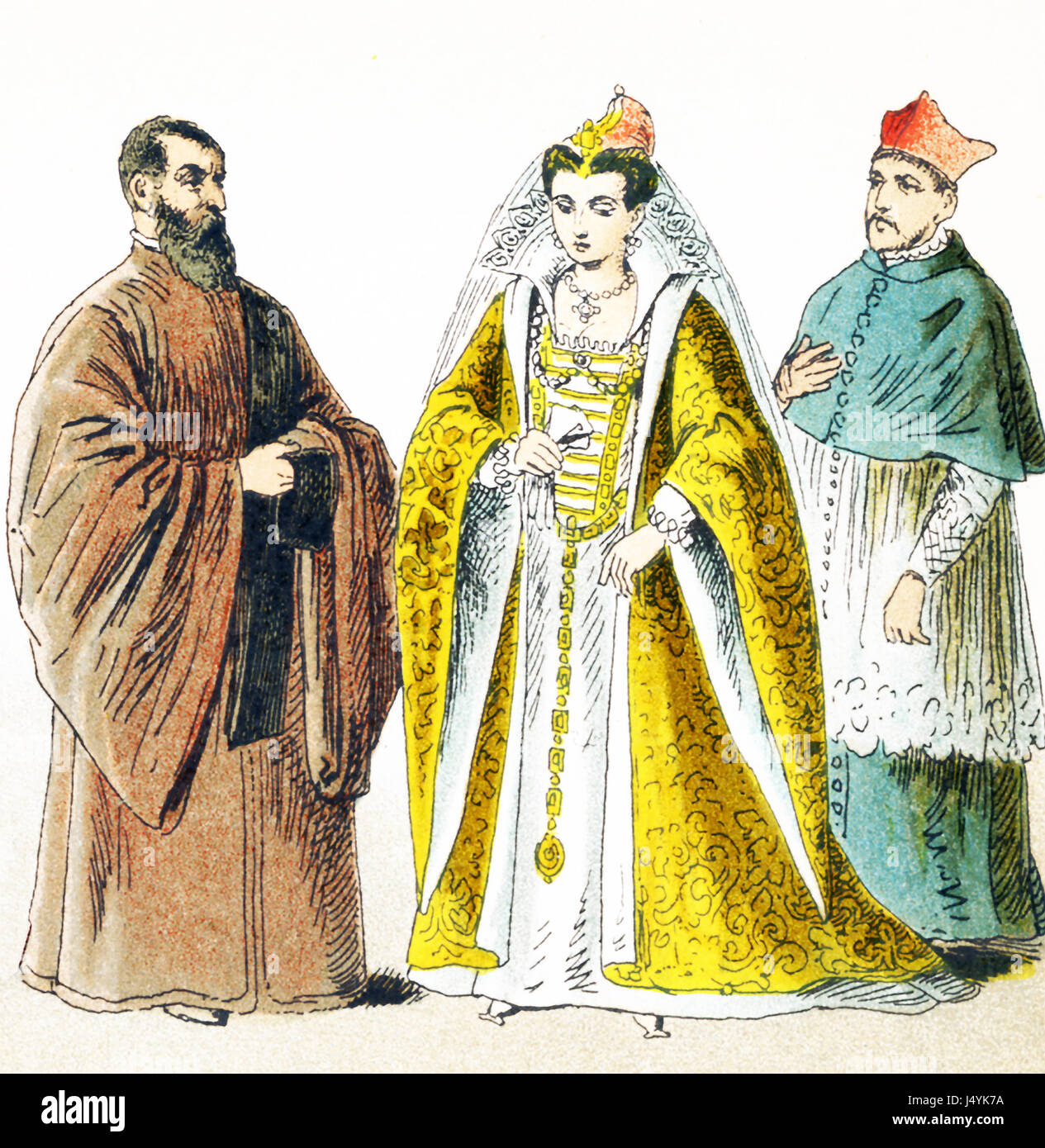 Le figure raffigurate qui rappresentare gli italiani attorno al 1500 D.C. Essi sono da sinistra a destra: il procuratore di San Marco, moglie del Doge, il cardinale in abito da casa. L'illustrazione risale al 1882. Foto Stock