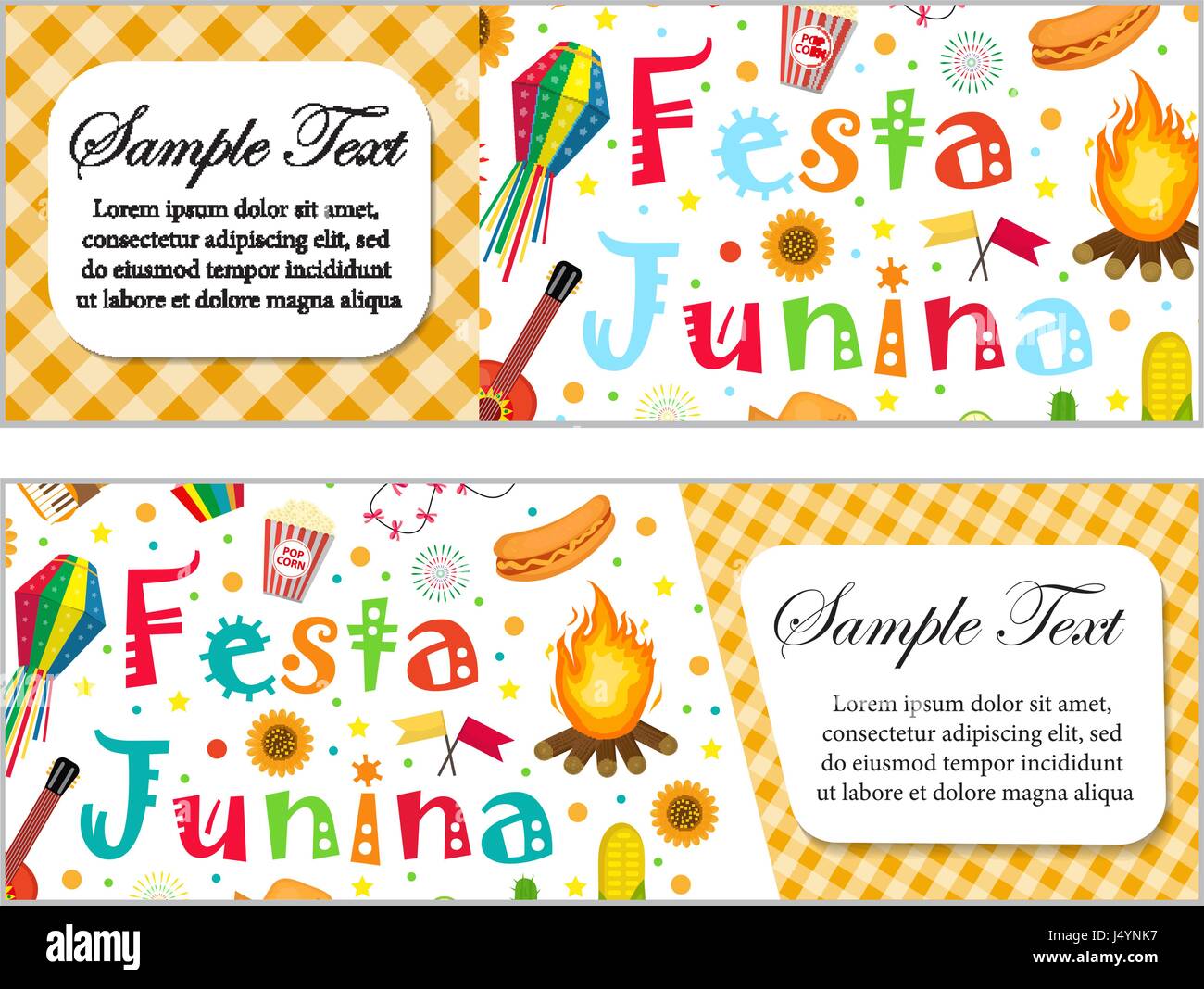 Festa Junina banner impostato con spazio per il testo. Il brasiliano Festival Latinoamericano modello per il design con simboli tradizionali. Illustrazione Vettoriale. Illustrazione Vettoriale