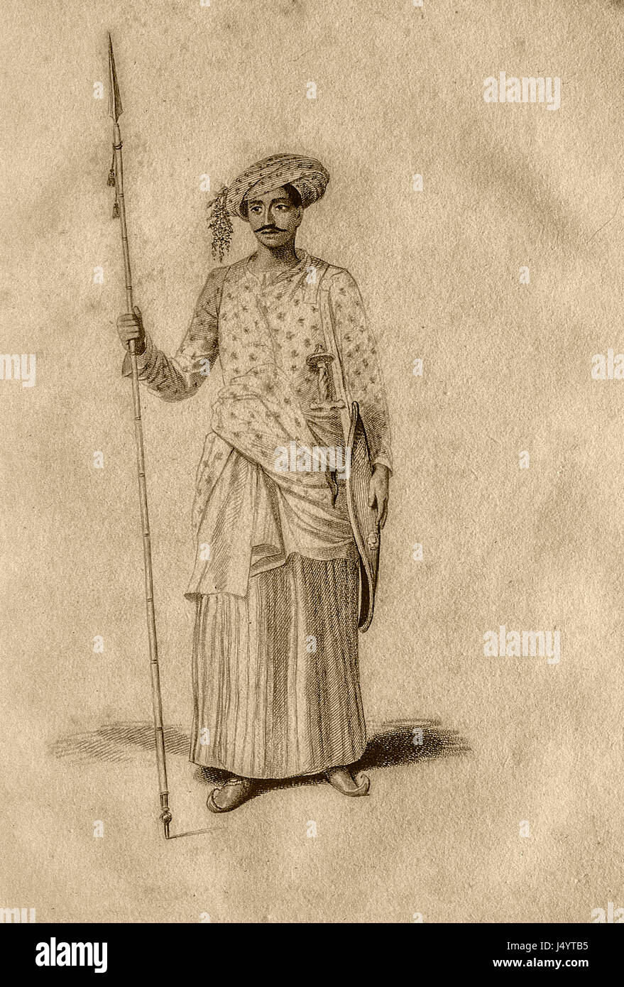 Soldato indiano con lancia, India, Asia, asiatico, indiano, vecchio disegno d'epoca del 1700 Foto Stock