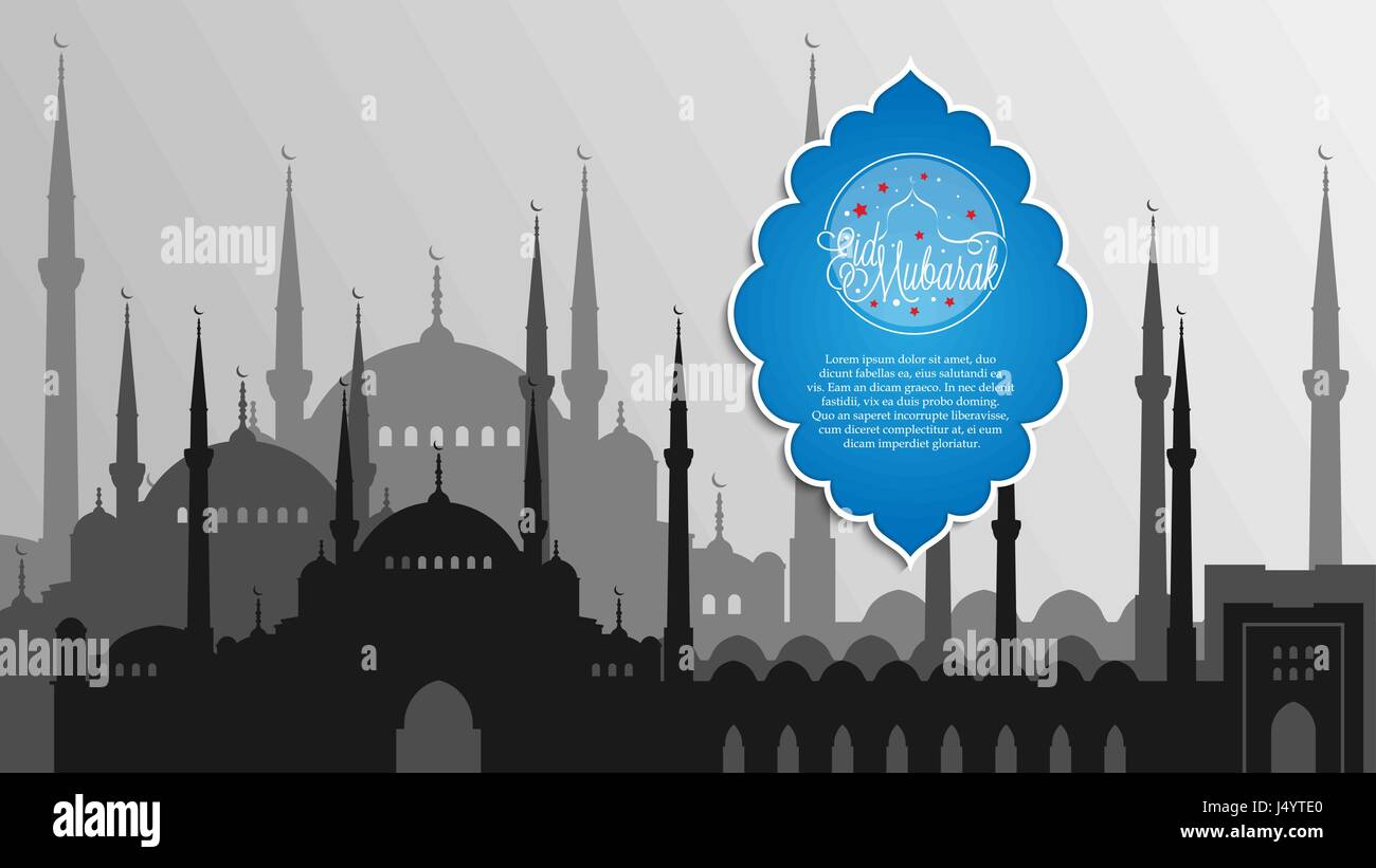 Illustrazione Vettoriale di Eid Mubarak poster, un banner o un biglietto di auguri design con silhouette moschea per mese sacro della comunità musulmana del Ramadan Kareem Illustrazione Vettoriale