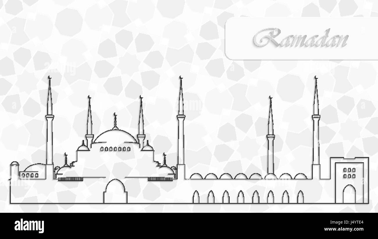 Illustrazione Vettoriale di Eid Mubarak poster, un banner o un biglietto di auguri design. La moschea su silhouette geometriche wallpaper islamica pattern per il mese sacro o Illustrazione Vettoriale
