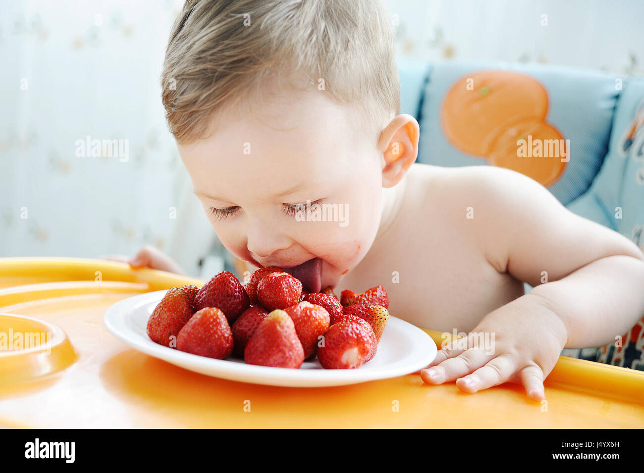 Baby boy mangiare fragole Foto Stock