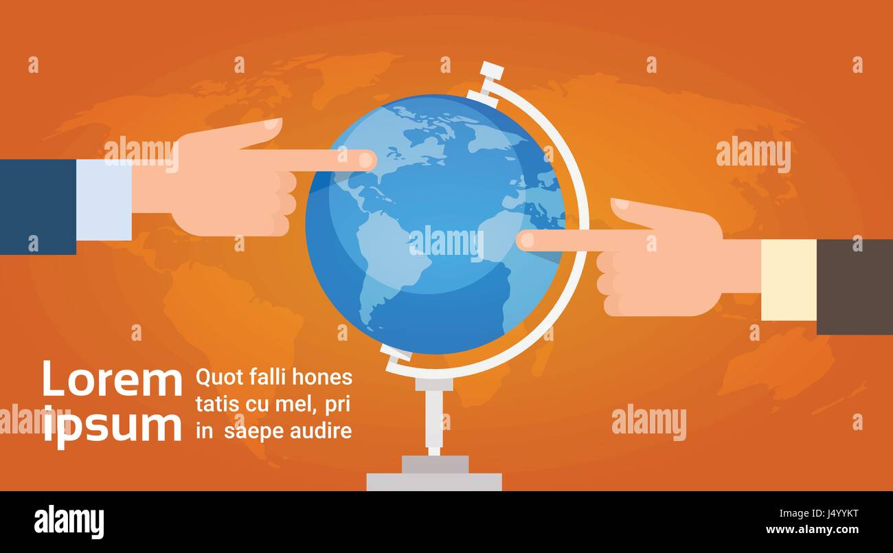 Le mani del Gruppo dito punto sul globo terrestre destinazione di viaggio concetto Turismo Illustrazione Vettoriale