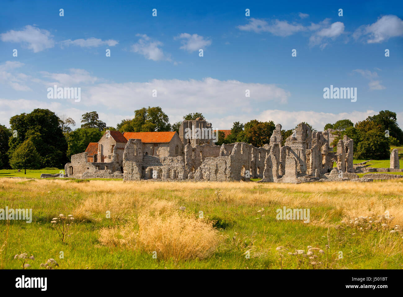 Le rovine di Castle Acre Priory provenienti da tutta l'acqua prato nel tardo pomeriggio Foto Stock