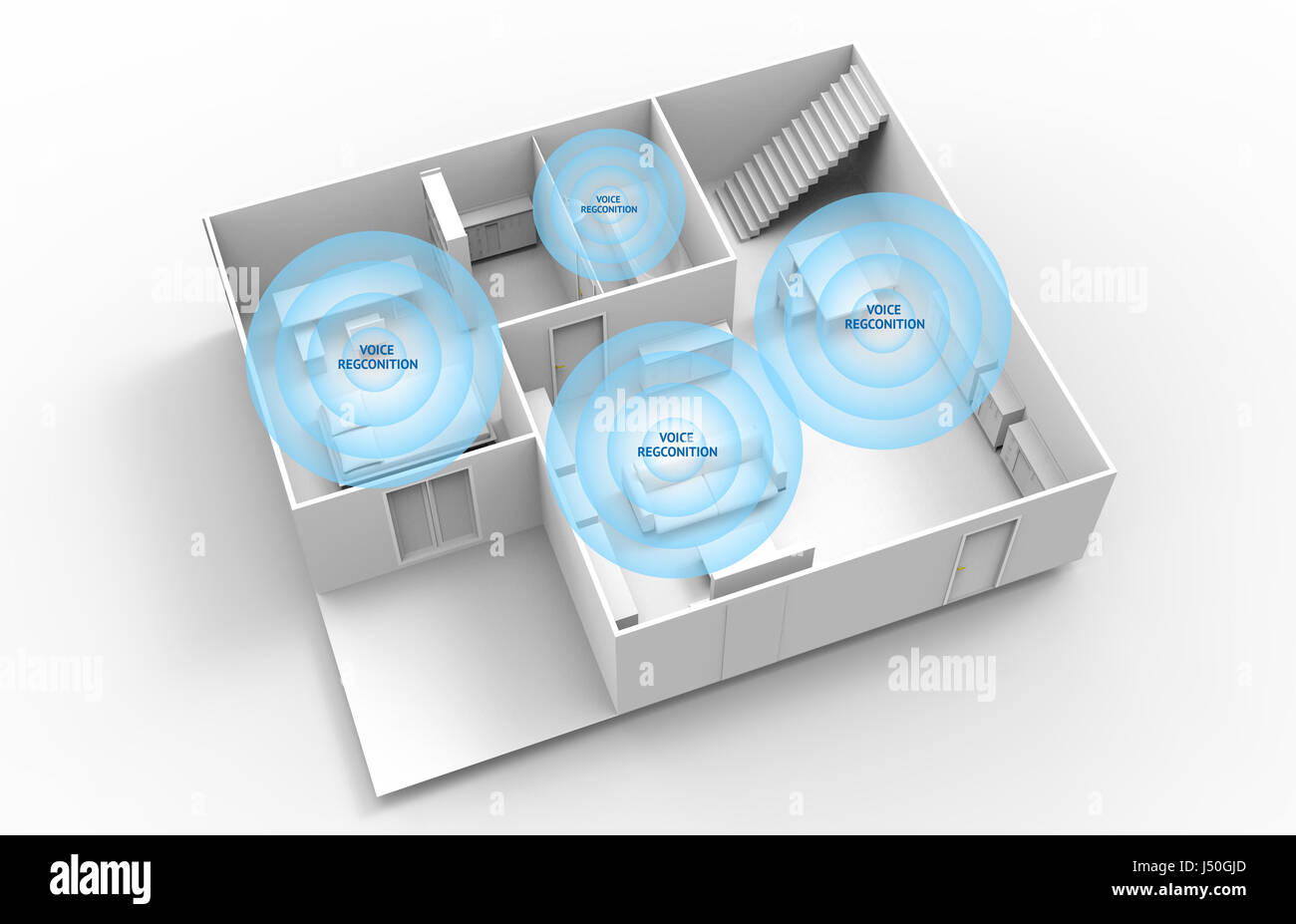 Home advisor , il riconoscimento vocale , intelligenza artificiale , dispositivo Smart home e internet delle cose concetto. 3D rendering di stanza in casa. Foto Stock