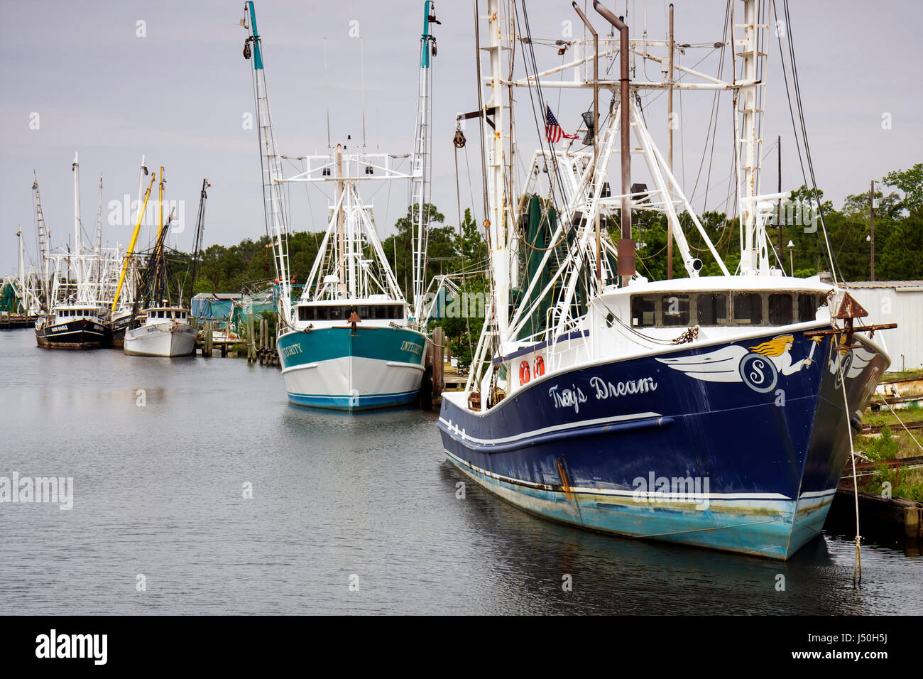 Alabama Mobile County, Bay Waterou la Batre, flotta di gamberetti commerciali, barca da pesca, attracco, molo, economia, industria ittica, Golfo del Messico Coast, visitatore Foto Stock