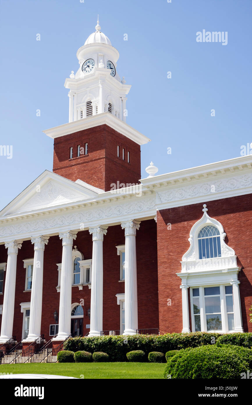Opelika Alabama, distretto storico, tribunale della contea di Lee 1896, colonna corinzia, edificio, legge, giustizia, torre dell'orologio bianco, pietra rossa, neoclassica Foto Stock