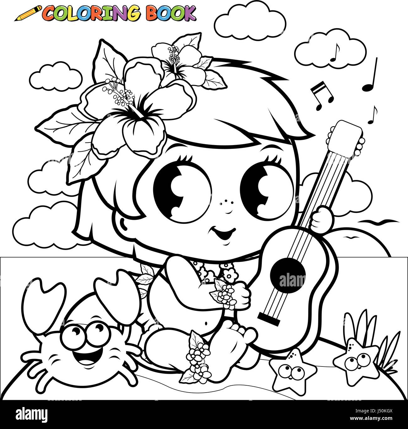 Bambina hawaiana che gioca l'ukulele. Un simpatico bambino dei cartoni animati suona la chitarra per la danza hawaiana hula. Pagina di colorazione vettoriale in bianco e nero. Illustrazione Vettoriale