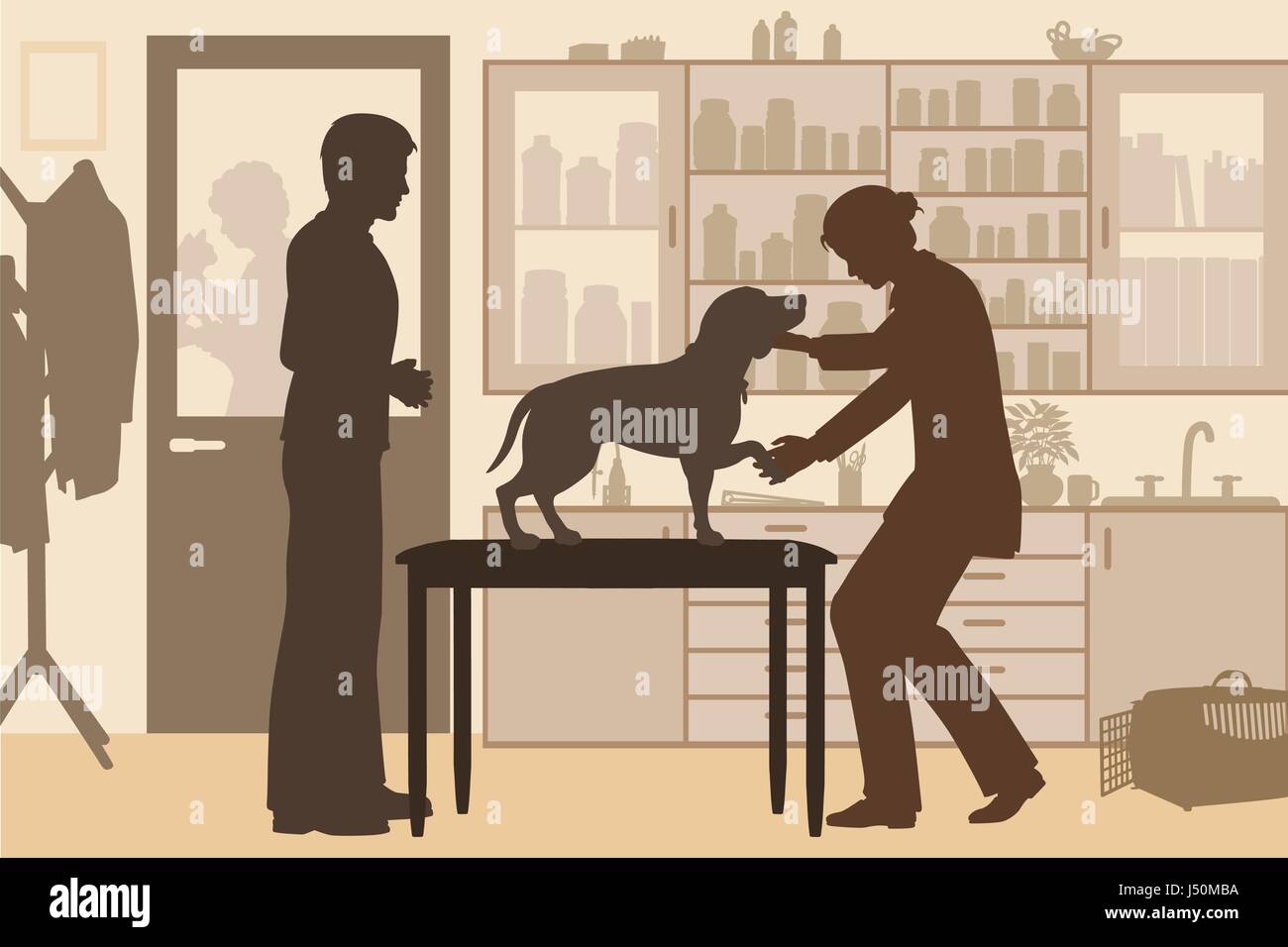 Vettore modificabile silhouette di una femmina vet esaminando un cane con il proprietario di una clinica Illustrazione Vettoriale