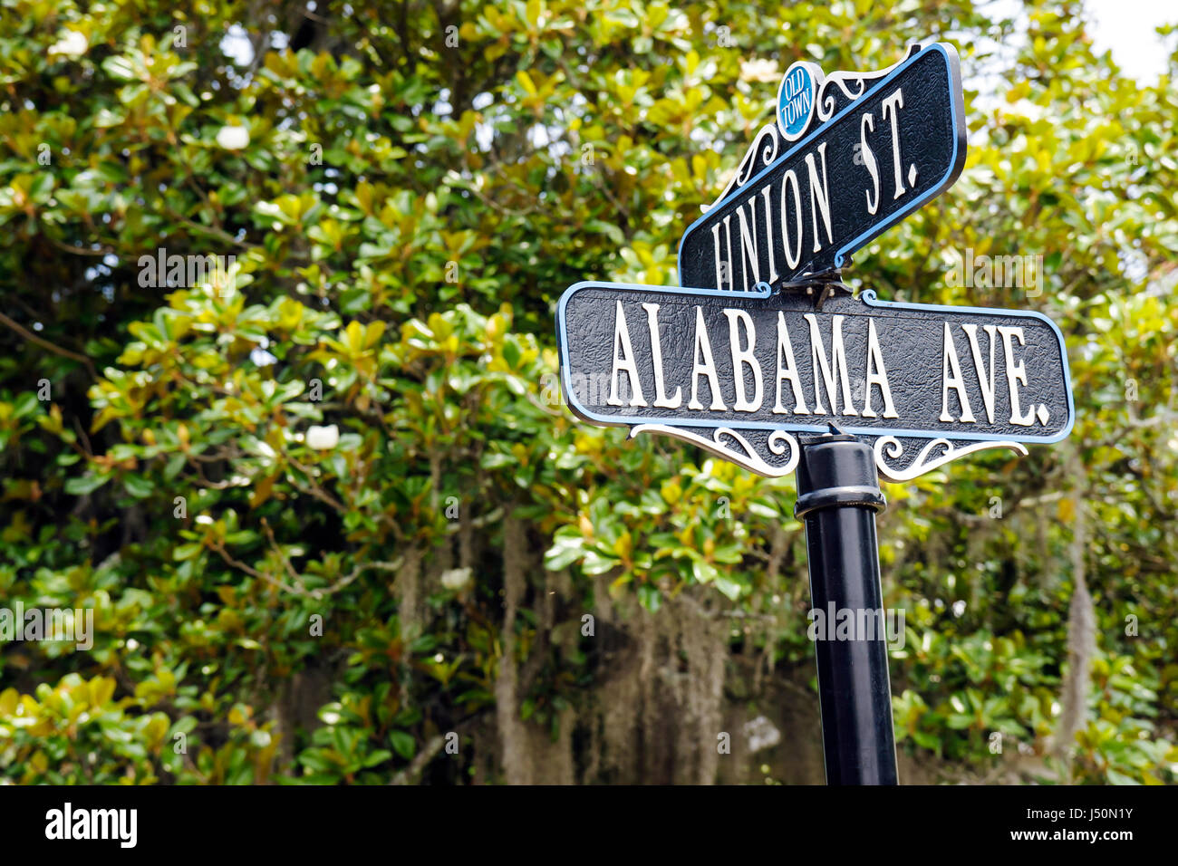 Alabama Dallas County, Selma, Old Town, Historic District, Union Street, Alabama Avenue, cartello, logo, alberi magnolia, visitatori viaggio tour touris Foto Stock