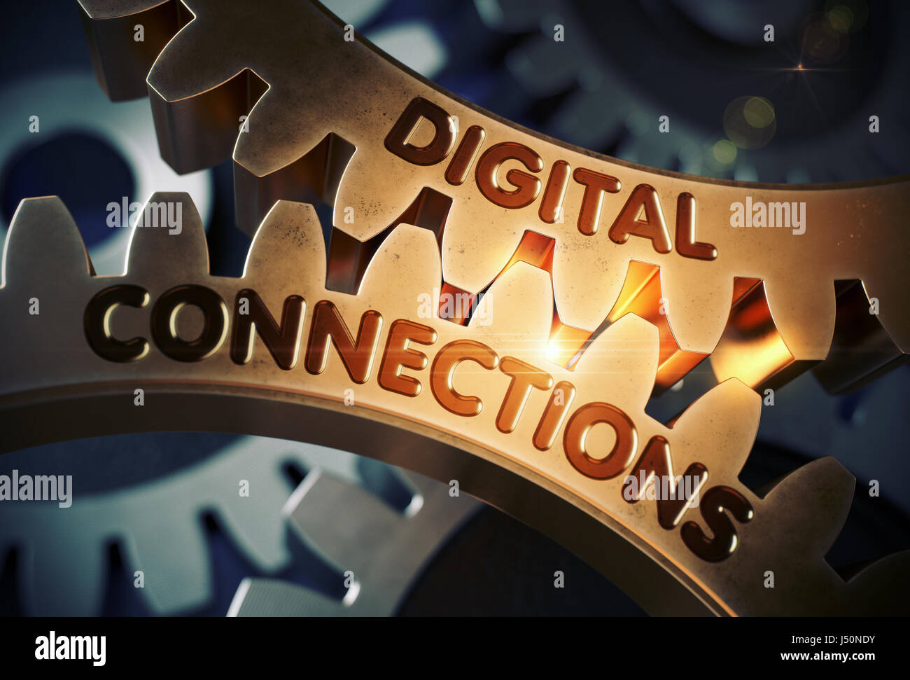 Le connessioni digitali su Golden Cog marce. 3D'illustrazione. Foto Stock