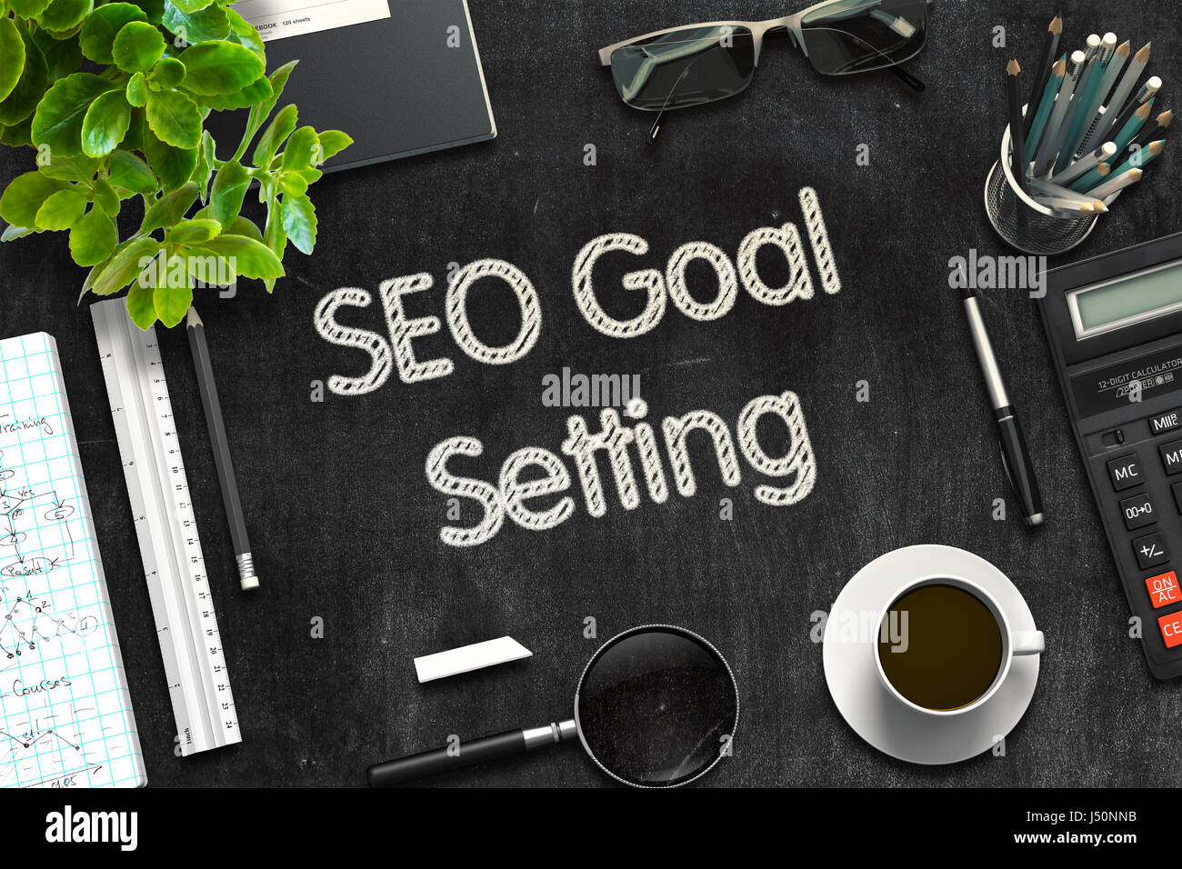 SEO Impostazione obiettivo - Testo sulla lavagna. Il rendering 3D. Foto Stock