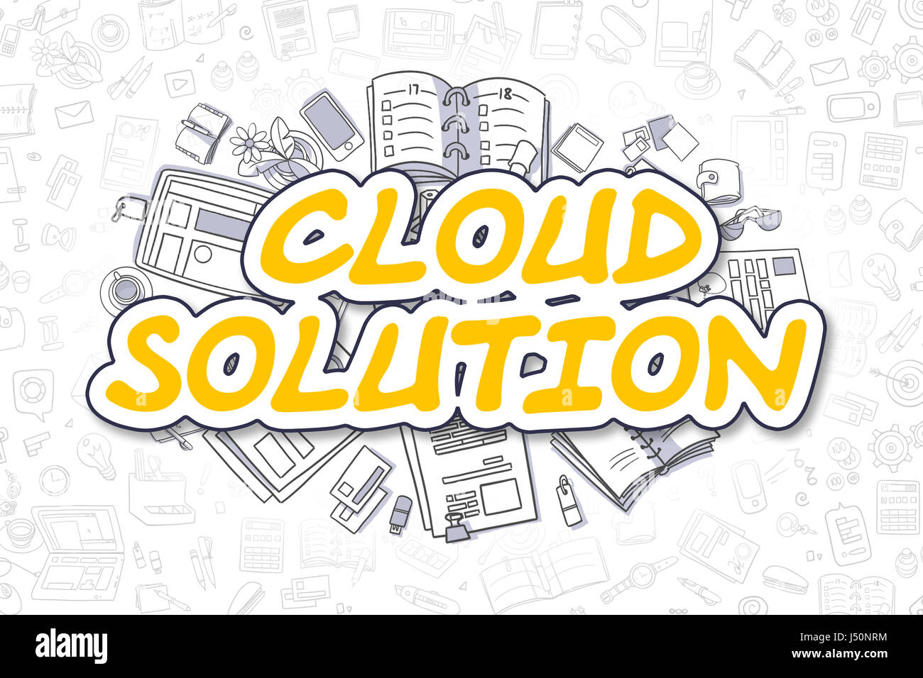 Soluzione cloud - Doodle parola giallo. Il concetto di business. Foto Stock