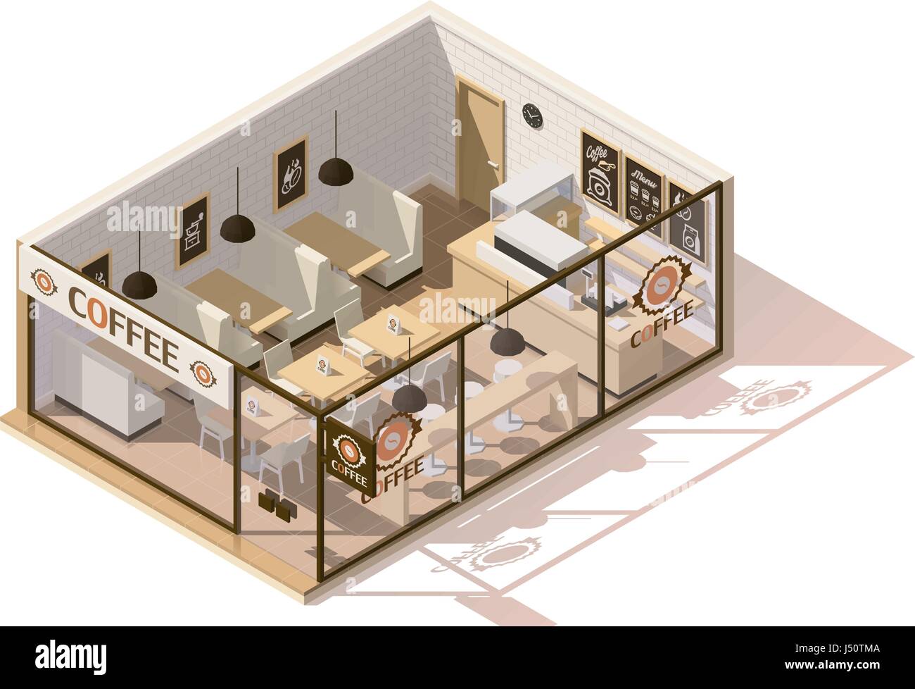 Vettore bassa isometrica poli coffee shop Illustrazione Vettoriale