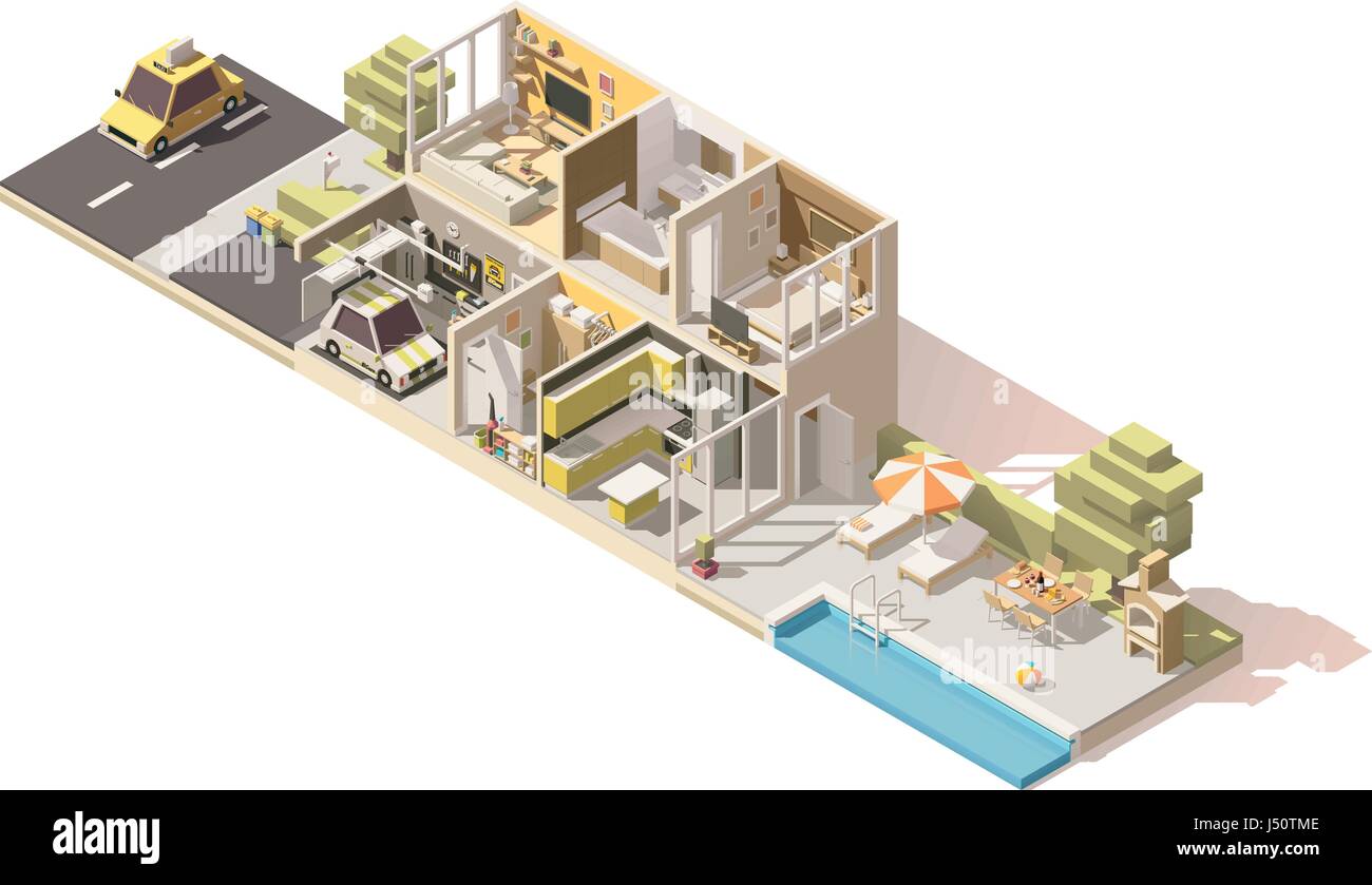 Vettore bassa isometrica poli house sezione trasversale Illustrazione Vettoriale