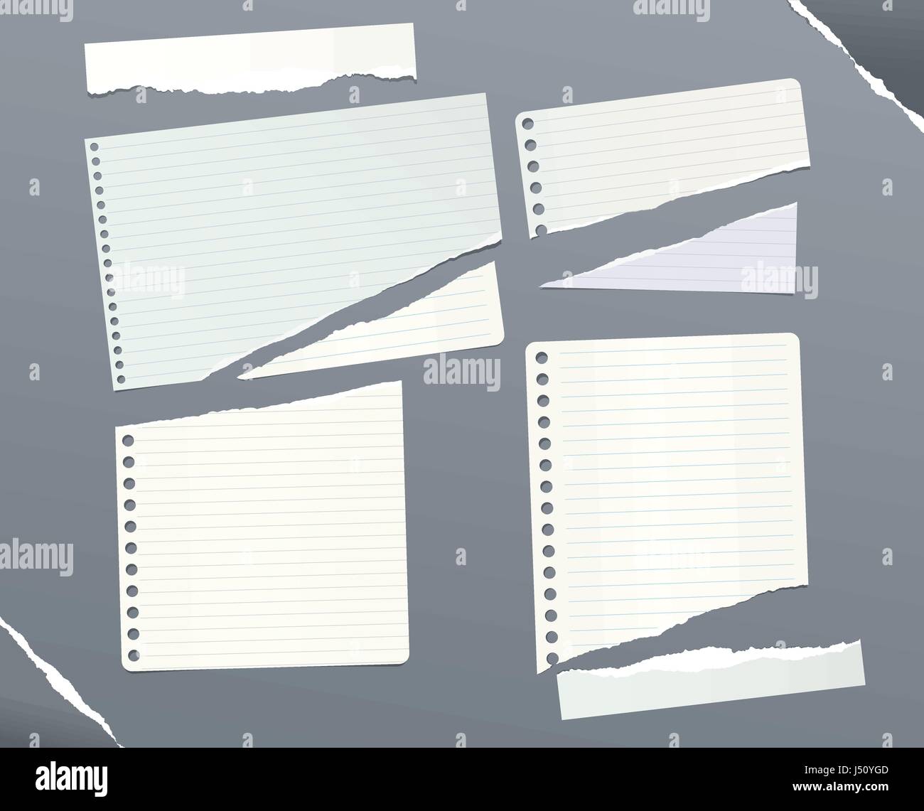 Pezzi di strappato governata, squadrati nota, notebook, copybook fogli di carta bloccati su sfondo grigio. Illustrazione Vettoriale