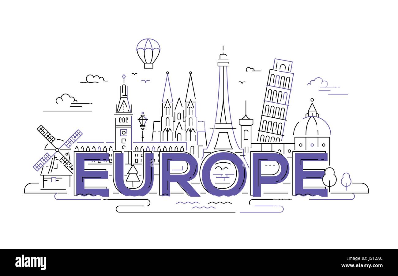 Europa - design piatto composizione con i punti di riferimento Illustrazione Vettoriale