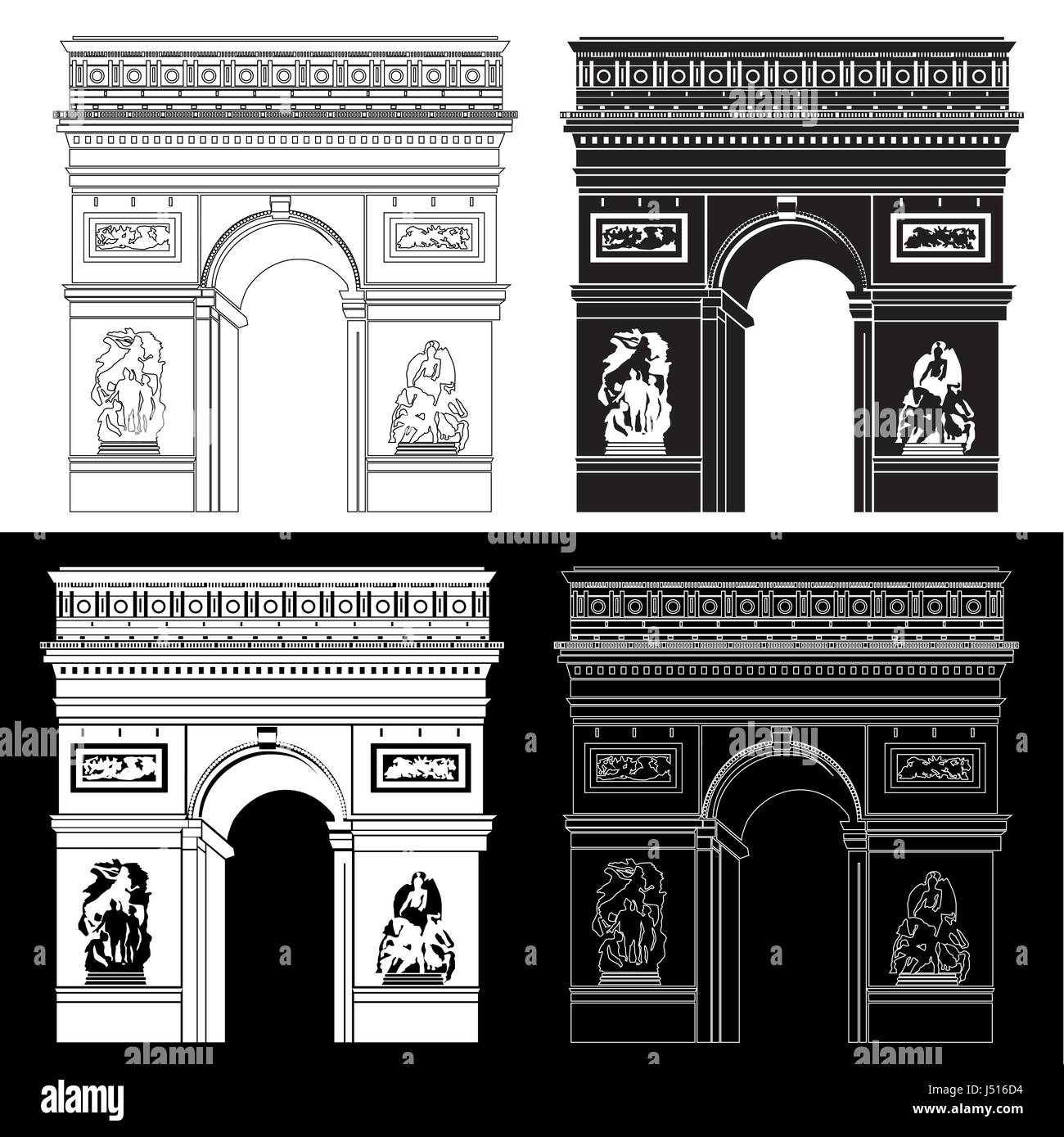 Arco Trionfale in bianco e nero: contorno e silhouette Illustrazione Vettoriale