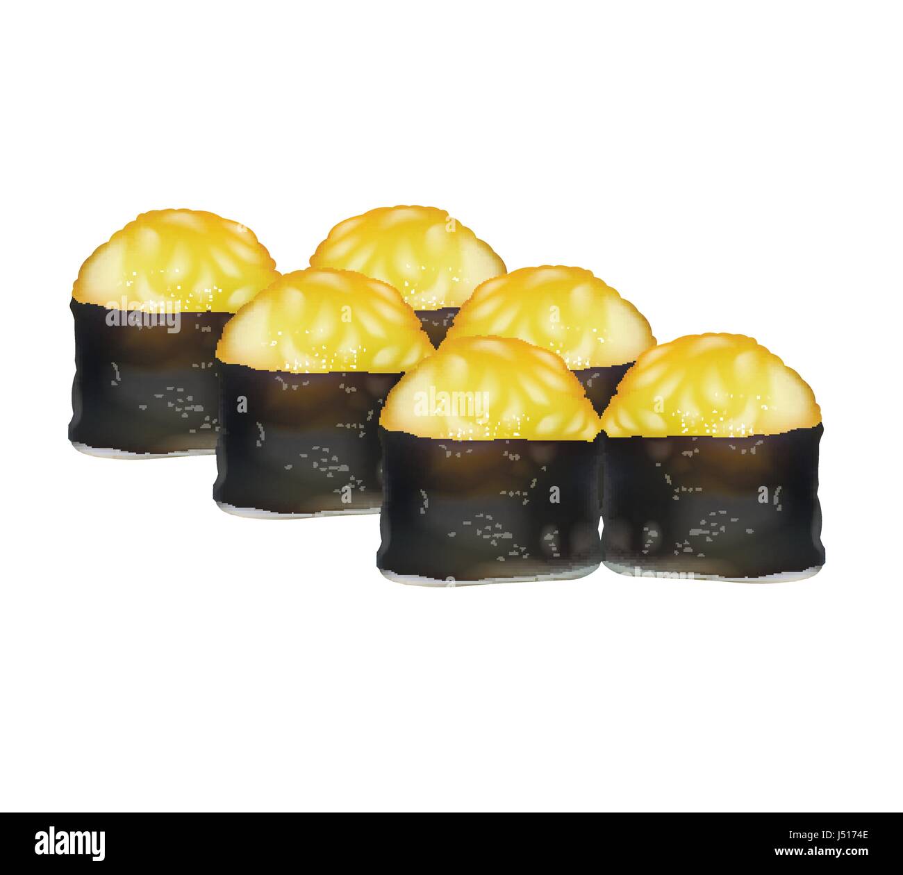 Rotoli di sushi icone vettoriali. Cibo menu giapponese, riso e pesce.cibo asiatico. Illustrazione Vettoriale