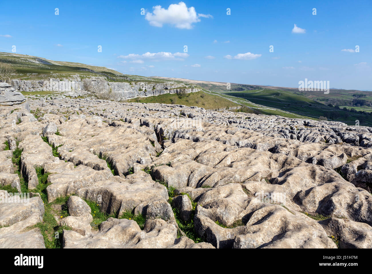 Pavimentazione di pietra calcarea in cima Malham Cove, Malham, Malhamdale, Yorkshire Dales National Park, North Yorkshire, Inghilterra, Regno Unito. Foto Stock