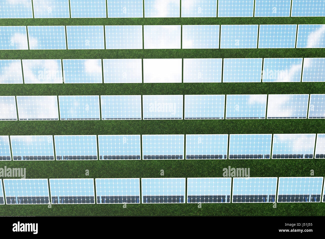 3D illustrazione energia solare concetto. Pannelli solari sull'erba. Blue sky riflessione sul pannello fotovoltaico. Potenza, ecologia, tecnologia, elettricità. Foto Stock