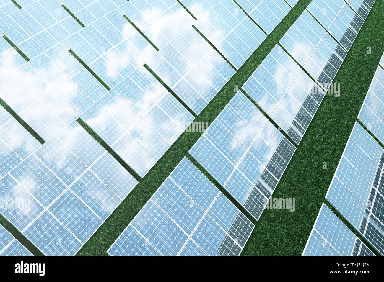 3D illustrazione la riflessione delle nubi sulle cellule fotovoltaiche. Di energia e di elettricità. L'energia alternativa, eco o generatori di verde. Potenza, ecologia, tecnologia, elettricità. Foto Stock