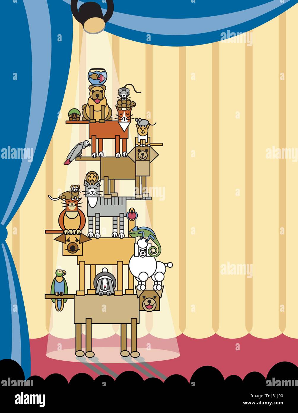 Illustrazione di vari animali domestici di eseguire un esercizio di equilibrismo. Illustrazione Vettoriale