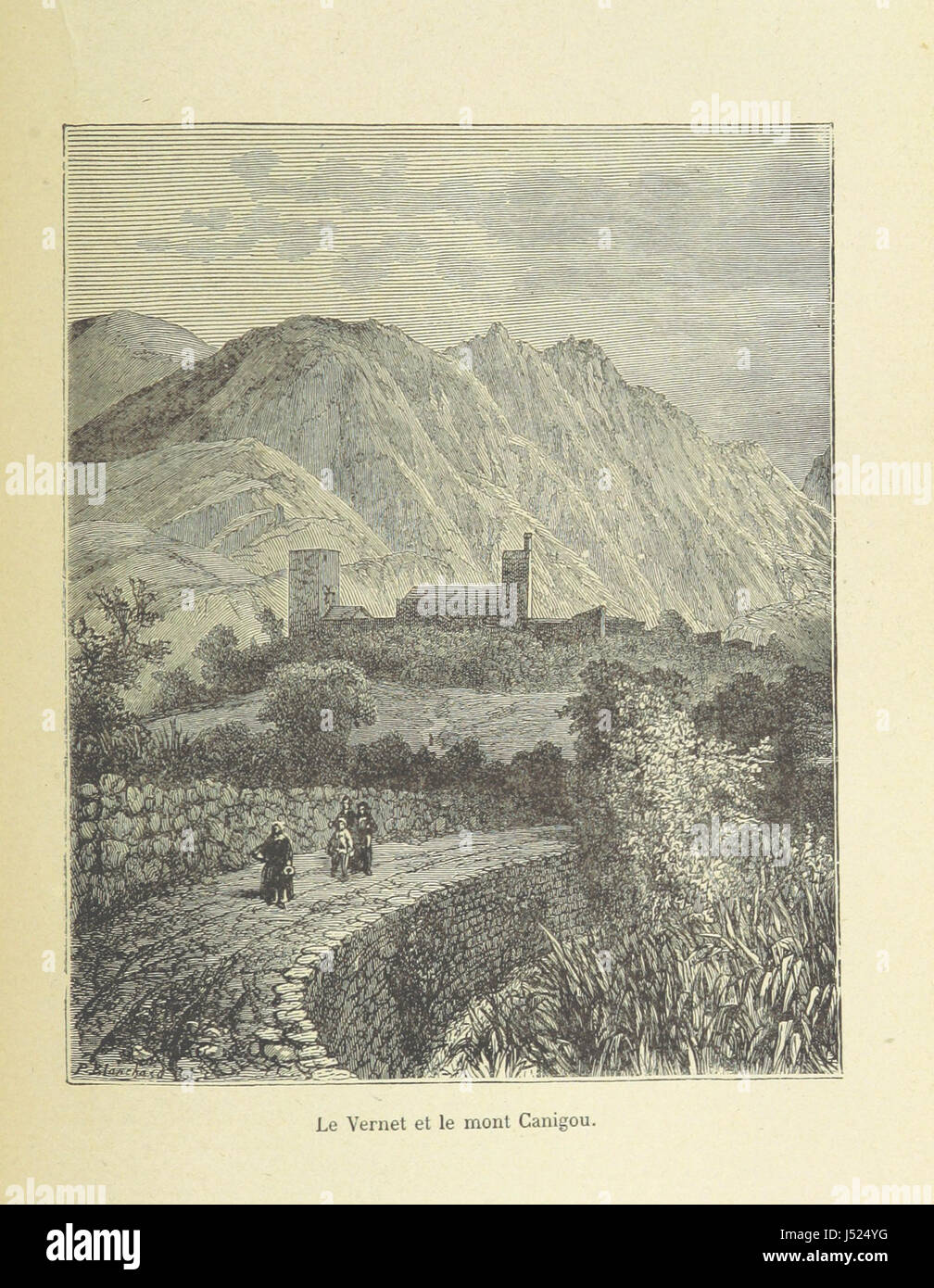 Questa immagine tratta dal libro "Promenades dans les Pyrénées" (seconda serie) illustra una vista panoramica delle montagne dei Pirenei, un'importante catena montuosa situata tra Francia e Spagna. Il libro include illustrazioni dettagliate che catturano il paesaggio e la cultura della regione. Foto Stock