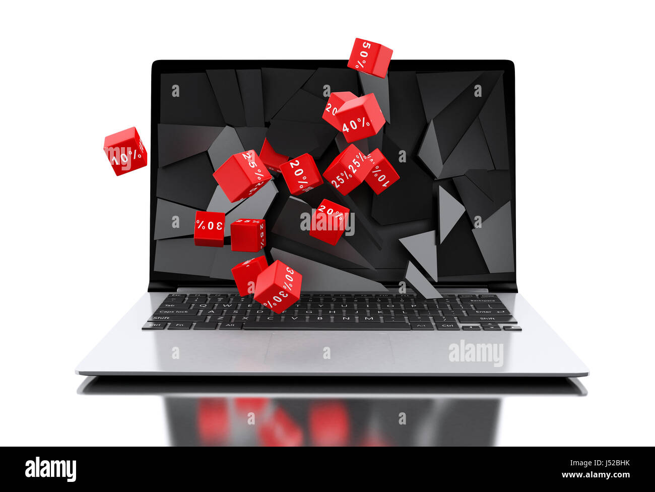 3D renderer illustrazione. Rotto lo schermo del notebook con lo sconto icone. Il concetto di vendita. Isolato sfondo bianco Foto Stock